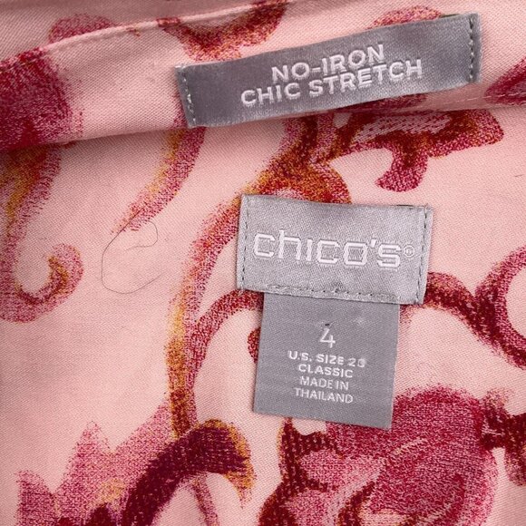Chicos Blouse Women 4 20 2XLarge Pink Red Floral Classic No Iron Cotton Stretch - Picture 6 of 14